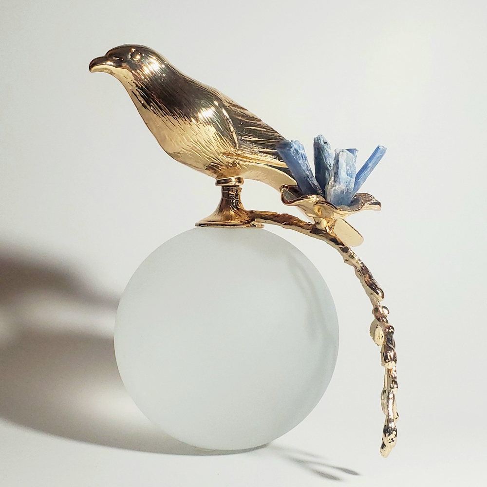 Modern Minimalist Art Glass Sculpture with Gold Tone Bird  & Quartz Gemstones